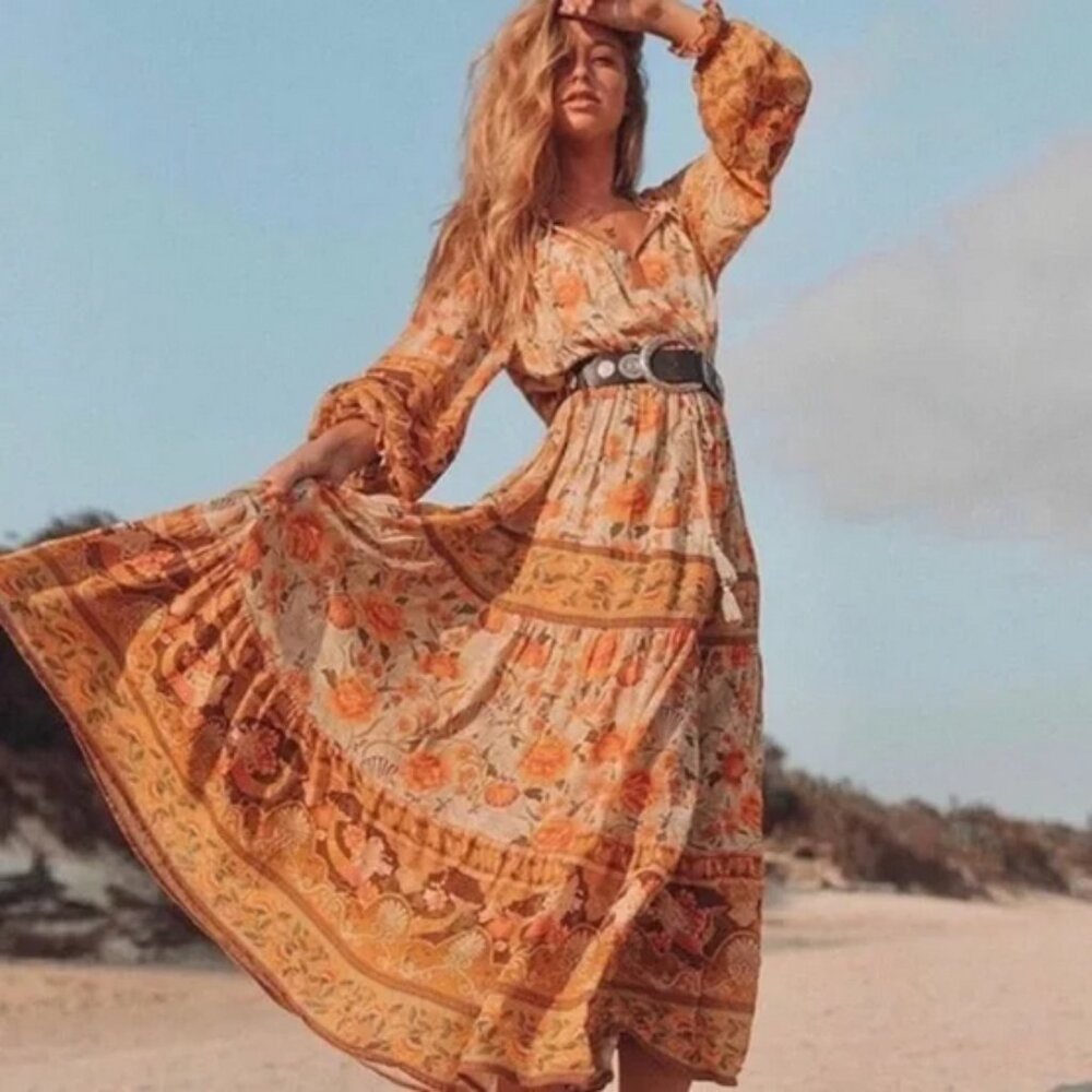 Spell Women's Maxi Dress - Orange and Cream Floral